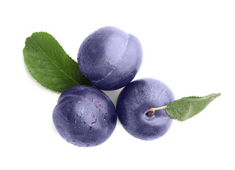 Ripe plums on white background