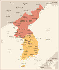 Korean Peninsula Map - Vintage Vector Illustration