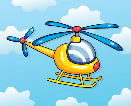 Yellow helicopter on a sky background. Vector illustration.