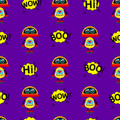 A cute, small, friendly yellow robot, with antennas and a heart on a breast monitor, good vintage eyes and comic-style inscriptions.Abstract seamless pattern for girls or boys. Creative vector print