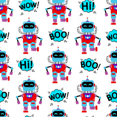 A cute, small, friendly blue with a red robot, with antennas and wires, kind vintage eyes and comic style inscriptions. Abstract seamless pattern for girls or boys. Creative vector print