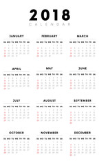 Calendar 2018 year. Week starts from sunday. Vector illustration.