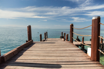 Fototapeta na wymiar A wooden boardwalk in Kota Kinabalu in Malaysia