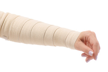 Female hand elastic bandage injury