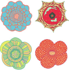Set with 4 tropical flower mandalas. Colorful vector doodle illu