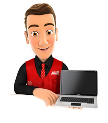 3d seller behind wall holding laptop