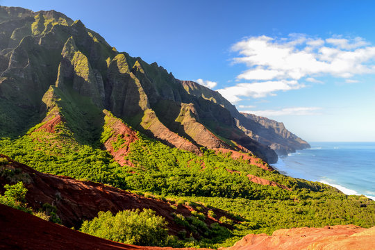 Stunning view of the Na Pali Coast near Kalalau Beach on the Island of Kauai, Hawaii. Photo was taken along the 11 mile long Kalalau Trail which is the only way to reach Kalalau Beach.