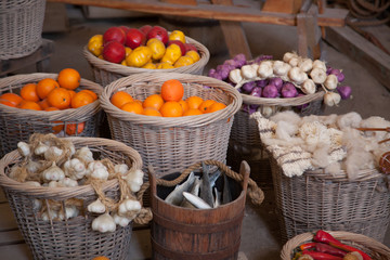 Various foods in baskets for storage