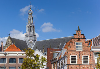 Obraz premium Old facades and church tower in Haarlem