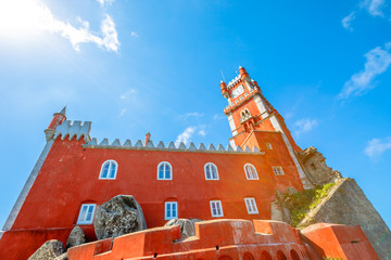 Obraz premium Pena National Palace seen from Castle of the Moors in Sintra, Portugal. Unesco Heritage Site. Architecture background.