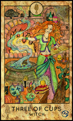 Fototapeta na wymiar Witch. Minor Arcana Tarot Card. Three of Cups. Halloween background