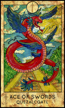 Quetzalcoatl. Feathered serpent, aztec god. Minor Arcana Tarot Card. Ace of Swords