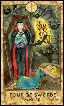 Vampire Dracula. Minor Arcana Tarot Card. Four of Swords