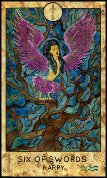 Harpy. Myth creature. Minor Arcana Tarot Card. Six of Swords