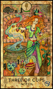 Witch. Minor Arcana Tarot Card. Three of Cups. Halloween background