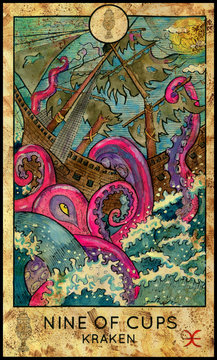 Kraken. Sea monster. Minor Arcana Tarot Card. Nine of Cups