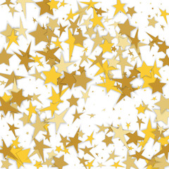 Cosmic abstract vector background with gold stars. Decorative pattern with golden night sky objects on white. Glitter star confetti, magic shining sparkles. Celebration, luxurious lifestyle.