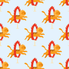 Circus funny performance lion animal vector seamless pattern cheerful zoo entertainment juggler magician performer carnival illustration.