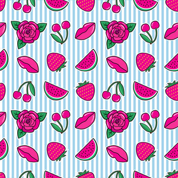 Seamless pattern with rose, cherry, strawberry, lips and heart on white blue background. Fashion patches and stickers. Vector illustration.
