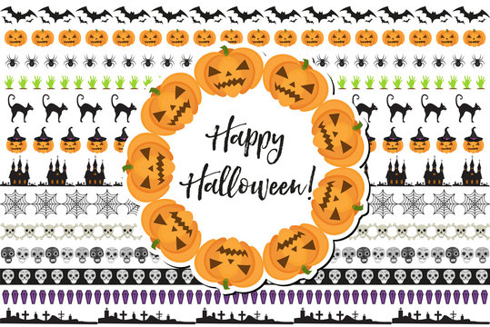 Halloween Set Of Holiday Borders Decorations. Collection Border Of Elements For Your Design. Isolated On White Background. Vector Illustration