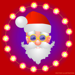 Red background with Santa Claus. Christmas holiday illustration. Illustration in bright colors. Vector illustration.