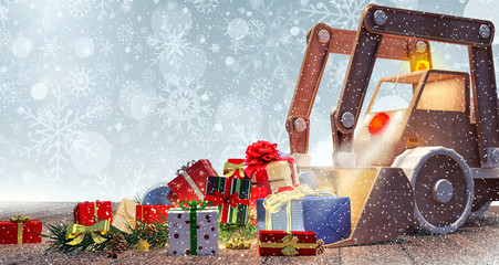 Excavator toy with Christmas presents 3D Rendering