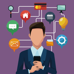 Businessman using smartphones apps icon vector illustration graphic design