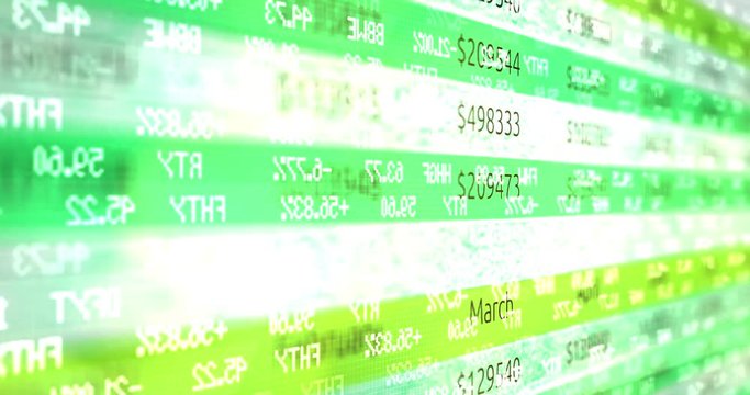 Ominous Green fiery stock market ticker scrolling over a companies business financial document