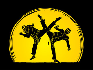 Taekwondo fighting designed on sunset background graphic vector.