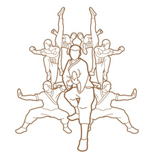 Kung fu action composition outline graphic vector.
