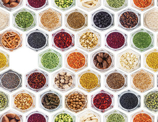 Seamless texture with spices and herbs over white background