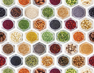 Seamless texture with spices and herbs over white background