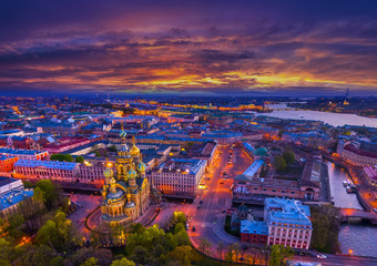 Russia the city of St. Petersburg. Evening city in the fires. Petersburg at sunset. Temple of the Savior on the Blood.