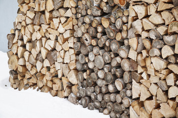 firewood stacking in the back yard covered from snow in winter