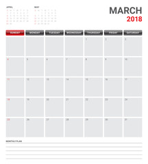 March 2018 calendar planner vector illustration