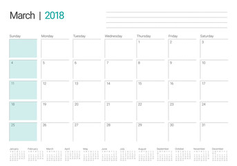 March 2018 calendar planner vector illustration