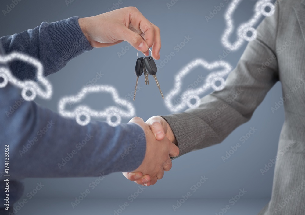 Fototapete Hands Holding key with cars in front of vignette with handshake