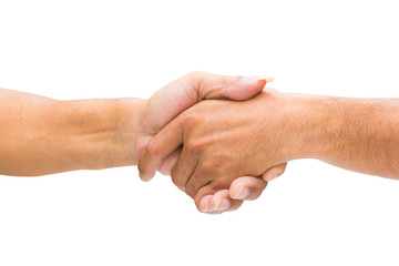 two businessman are holding hands select focus with shallow depth of field. isolated on white background and clipping path