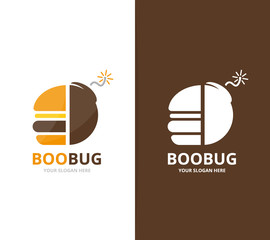 Vector burger and bomb logo combination. Hamburger and detonate symbol or icon. Unique fastfood and weapon logotype design template.