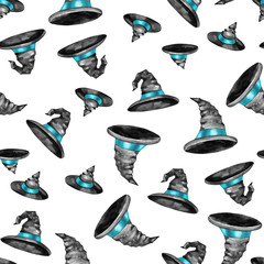 Seamless pattern with magic hat isolated on white background. Happy Halloween watercolor