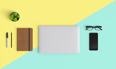 Modern workplace with notebook or laptop, coffee cup and smartphone copy space on color background. Top view. Flat lay style.