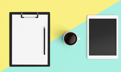 Modern workplace with coffee cup, blank paper and smartphone or tablet copy space on color table background. Top view. Flat lay style.