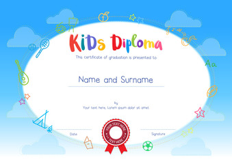 Kids Diploma or certificate template with cartoon style background