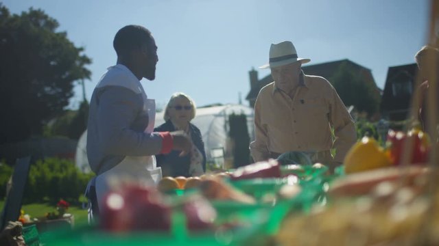  Cheerful man selling fresh fruit & veg to customers at outdoor summer market.