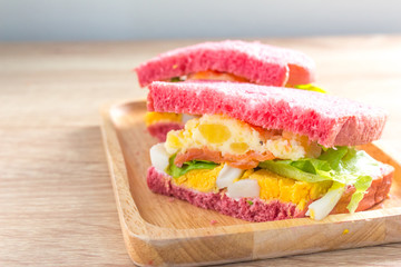 Healthy food. Bread sandwich with egg,mash potato,tomato and Salad on wooden table