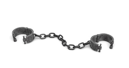 3d rendering of old iron arm shackles on a chain lying open on white background.