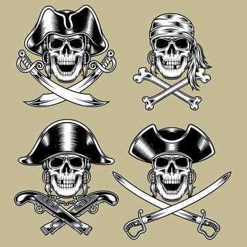 Naklejka fully editable vector illustration of pirate skulls, image suitable for emblem, insignia, badge, patch, tattoo, design element or graphic t-shirt