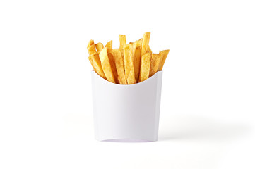 French fries in a white paper box isolated on white background. Front view.