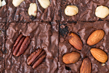 Close up.Chocolate brownies cake, dessert with nuts