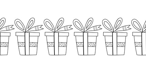 Decorative gift boxes. Black and white illustration for coloring book, page.